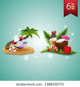 Set of 3D volumetric summer icons for your arts, palm tree, hammock, beach umbrella, coconut cocktail, strawberry, raspberry, cherry and ice cream on palm leaf