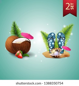 Set of 3D volumetric summer icons for your arts, strawberry cocktail in coconut, flip flops, pearl and palm leaves