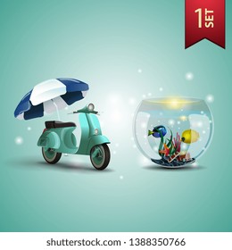Set of 3D volumetric summer icons for your arts, scooter with a beach umbrella and round aquarium with fish