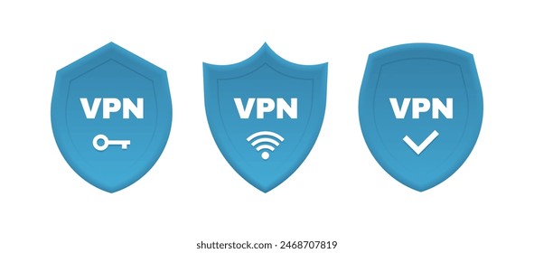 Set of 3d VPN shield with key, wifi sign and check mark. Design concept of private network connectivity, successful connection, privacy protection, data transfer and web traffic. Vector illustration.