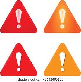 Set of 3D warning and alert icons featuring red and orange triangle symbols with exclamation marks. Ideal for UI designs, notification, signs, and hazard related graphics.