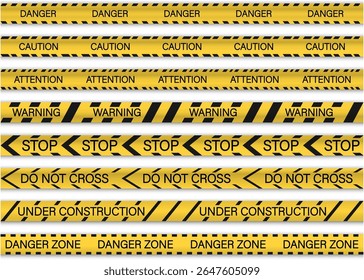 Set of 3D warning tapes with reflective effect and warning text. Perfect for use in security signage, construction graphics, and restricted zone illustrations. Ideal for banners, signs, and safety