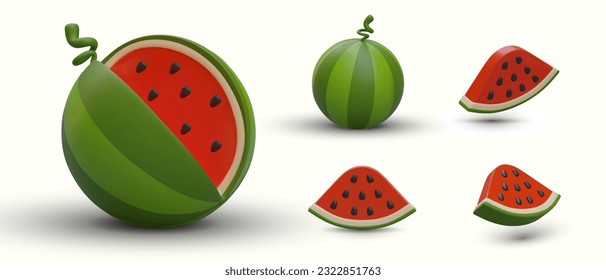 Set of 3D watermelons with shadows. Whole ripe watermelon, cut, slice. Red sweet slices with black seeds. Vegetarian dessert. Juicy summer food. Natural product