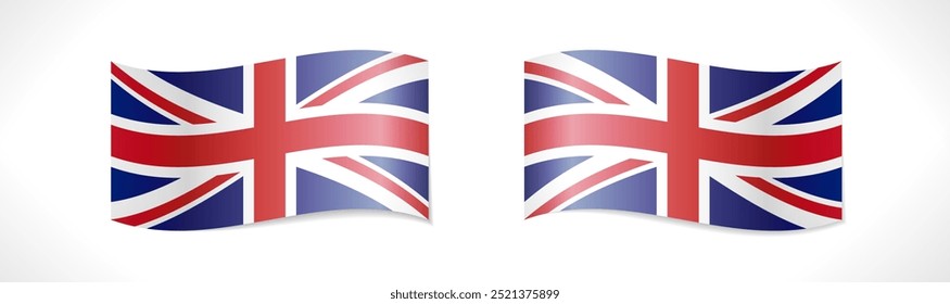 Set of 3D waving flags of the United Kingdom of Great Britain. Isolated design. Badge template. Web icon. Business, sport or tourism concept. T shirt graphic. Set of UK flag symbols. Creative elements