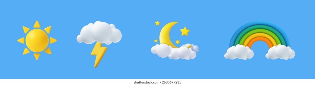 Set of 3D weather icons featuring sun, lightning storm, night with moon and stars, and rainbow on bright blue background. 3d rendering. Vector illustration