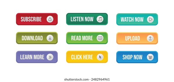 Set of 3d web buttons. Action button, hand cursor  arrow pointing click link buttons. Subscribe, Listen now, Watch now, Download, Read more, Upload, Learn More, Click here, Shop now button with icons