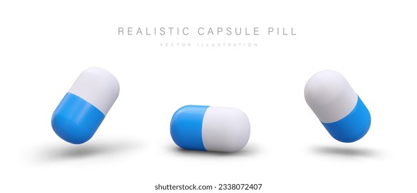 Set of 3D white and blue capsules pill. Isolated vector image. Colored medicines. Illustrations with reflections and shadows. Concept for hospitals, pharmacies, medical applications