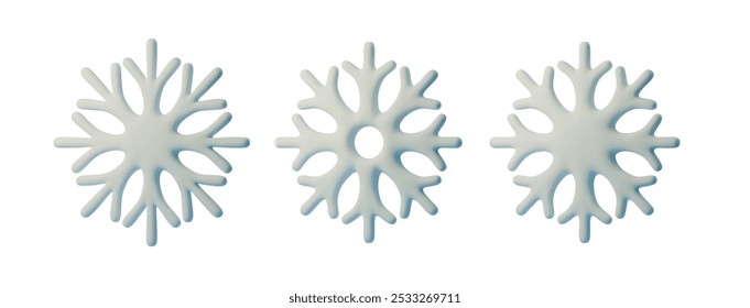 Set 3d white and blue snowflakes cartoon style on transparent background. Christmas design. Minimalist style, suitable for holiday designs, cards, or New Year projects. Vector illustration