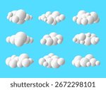 Set of 3D white clouds on a bright blue background. Modern cloud collection design features nine fluffy, rounded, soft-looking cloud shapes, for digital projects, weather icons, cartoon graphics