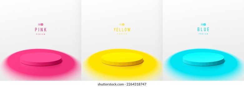 Set of 3d white cylinder pedestal podium background with round spotlight overlay in yellow, blue, pink color. Minimal wall scene mockup product display. Abstract geometric platforms. Stage showcase.