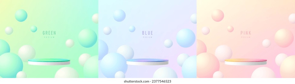 Set of 3D white cylinder pedestal podium with green, blue and pink floating bounce balls background wall scene. Abstract composition in minimal. Platforms product display presentation. Stage showcase.