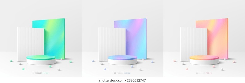 Set of 3D white cylinder pedestal podium with green, blue. pink and gradient colorful in square backdrop scene. Abstract composition in minimal design. Platforms product presentation. Stage showcase.