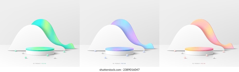 Set of 3D white cylinder podium background with green, blue. pink and gradient colorful curve wave backdrop scene. Abstract composition minimal design. Platforms product presentation. Stage showcase.