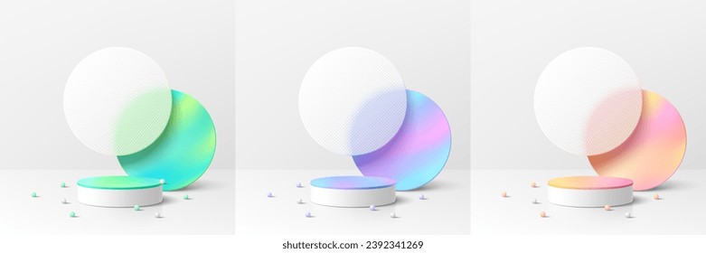 Set of 3D white cylinder podium background with circle overlap in green, blue, pink and white wall scene. Platforms mockup product display presentation. Abstract pedestal composition minimal design.