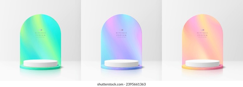 Set of 3D white cylinder podium background with green, blue. pink and gradient colorful in arch backdrop scene. Abstract composition in minimal design. Platforms product presentation. Stage showcase.