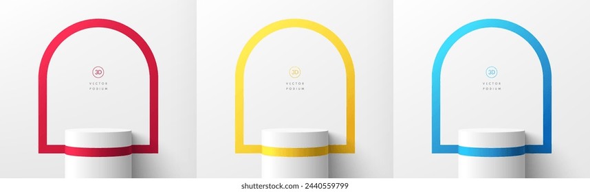 Set of 3D white cylinder podium stand with red, yellow and blue arch frames background scene. Abstract minimal mockup or product display presentation, Stage showcase. Platforms vector geometric design