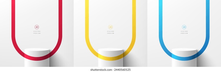 Set of 3D white cylinder podium stand with red, yellow and blue arch lines background scene. Abstract minimal mockup or product display presentation, Stage showcase. Platforms vector geometric design.