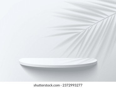 Set of 3D white cylinder shelf podium background with palm leaf shadow overlay. Mockup product display presentation. Abstract minimal wall scene. Stage for showcase. Platforms vector geometric design.