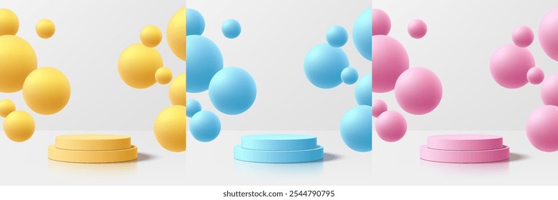 Set of 3D white cylindrical podium background with pink, yellow and blue bubble floating or bounce ball wall scene. Minimalist mockup pedestal, Abstract product display presentation, Stage showcase.