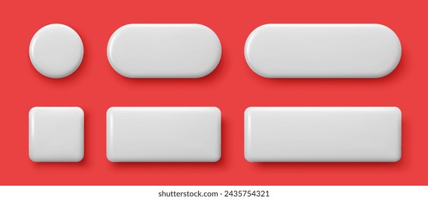 Set of 3D white empty buttons. Blank circle, square, rectangle with shadows. Modern geometric shapes. Vector illustration