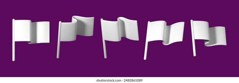 Set of 3D white flags in various dynamic positions. Perfect for design projects, presentations, and promotional materials.