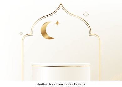 Set of 3D White and Gold round podium background. Ramadan Kareem theme. Abstract composition minimalist design. Abstract wallpaper design with copy space to display your products. Vector illustration.