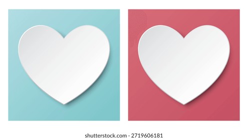 Set of 3D white heart paper cut style on light blue and pink square background graphic illustration have blank space. Happy Valentine's day greeting card square template.