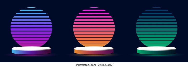 Set of 3D white and neon colors podium stand pedestal with sunrise gradient colorful circles backdrop retro 70s 80s style. You can use for products display presentation, presentation mockup, showcase