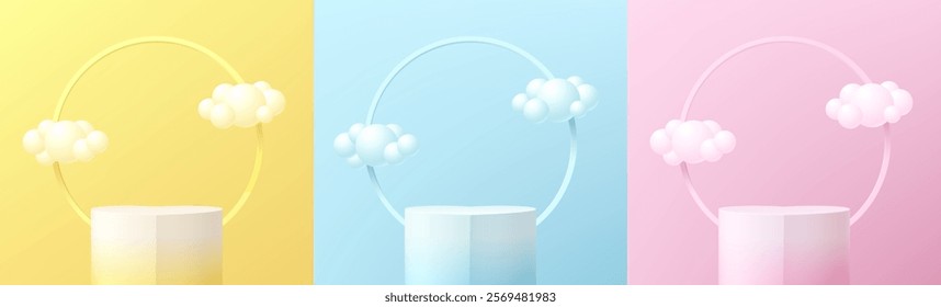 Set of 3D white podium in pink, yellow, blue background with cloud floating. Valentine's day. Minimalist mockup pedestal Abstract product display presentation, Stage showcase. Platforms vector design.