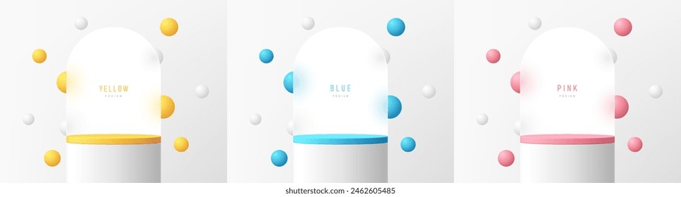 Set of 3D white product podium background with bounce balls in blue, light pink, yellow color. Abstract composition in minimal design. Studio showroom product pedestal, Fashion showcase mockup scene.