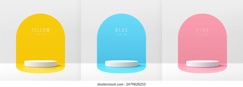 Set of 3D white product podium with blue, pink, yellow color in round backdrop. Abstract geometric composition in minimal design. Studio showroom product pedestal, Fashion stage showcase mockup scene.