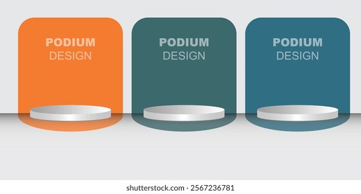 Set of 3D white product podium with blue, gree, orange color in round backdrop. Abstract geometric composition in minimal design. Studio showroom product pedestal, Fashion stage showcase mockup scene.