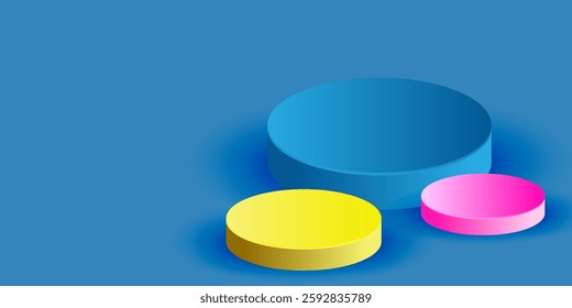 Set of 3D white product podium with blue, pink, yellow color in round backdrop. Abstract geometric composition in minimal design. Studio showroom