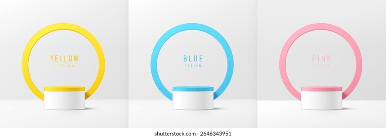 Set of 3D white product podium with blue, pink, yellow color circles backdrop. Abstract geometric composition in minimal design. Studio showroom product pedestal, Fashion stage showcases mockup scene.
