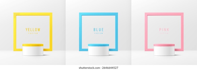 Set of 3D white product podium with blue, pink, yellow square frames backdrop. Abstract geometric composition in minimal design. Studio showroom product pedestal, Fashion stage showcases mockup scene.