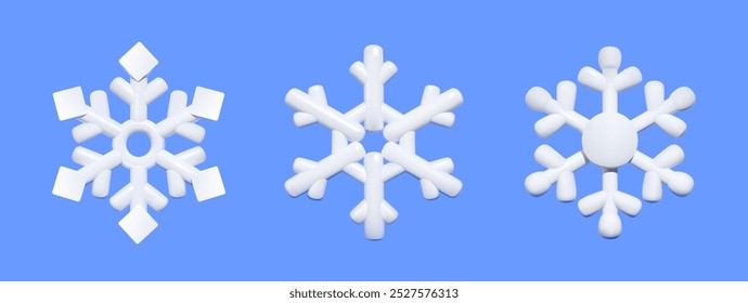 Conjunto de copos de nieve blancos 3D con diferentes diseños sobre un fondo azul. Invierno y concepto de decoración de vacaciones.