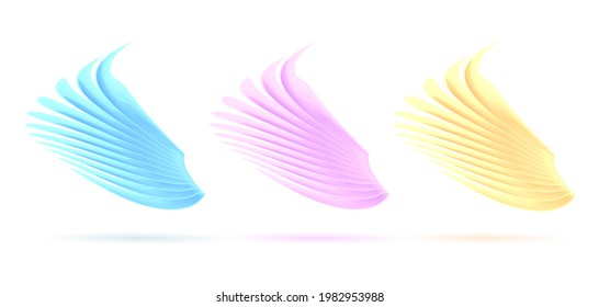 Set of 3d wings illustration, stylized 3d graphic, gold pink and blue colors, fairy tale isolated illustration