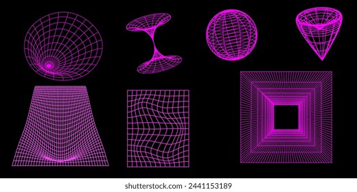 Set von 3D-Draht verschiedene Neonformen in rosa Farbe isoliert.