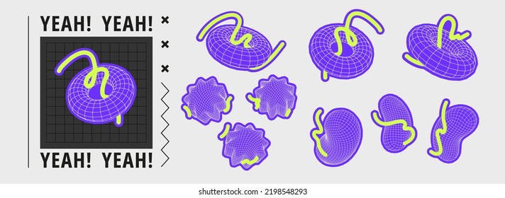 Set of 3d wireframe geometric shape. Flat vector illustration with frame retro figures, cyberpunk elements, brutalism forms. Concept psychedelic techno style.