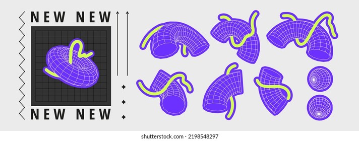 Conjunto de formas geométricas de malla 3d. Ilustración vectorial plana con figuras retro de marco, elementos ciberpunk, formas de brutalismo. Concepto estilo tecno psicodélico.