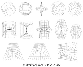 Set of 3D wireframe models in the Y2k style. Retro graphic on black background for decoration, cover, poster.
