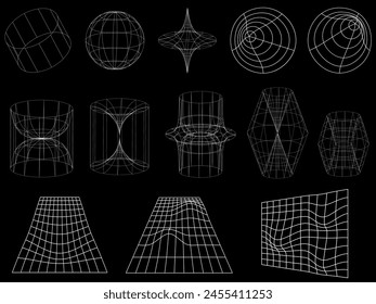 3D-Drahtmodell-Set im Y2K-Stil. Retro-Grafik auf schwarzem Hintergrund für Dekoration, Cover, Poster.