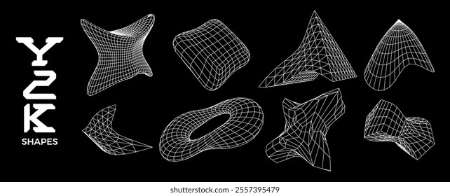 Set of 3D wireframe shapes in brutalism style. Fluid geometric grid objects, and design elements