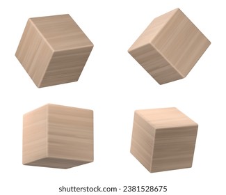 Cubos de madera en 3D aislados en un fondo blanco. Ilustración vectorial realista de bloques cúbicos hechos de madera natural con textura de roble, maquillaje de juguete infantil para la educación, ladrillo de construcción, vista lateral