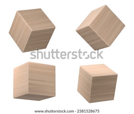 Set of 3D wooden cubes isolated on white background. Vector realistic illustration of cubic blocks made of natural wood with oak texture, child toy mockup for education, building brick, side view