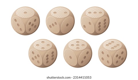 Set of 3D wooden dice with texture.