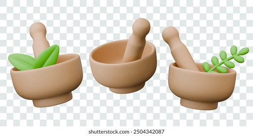 Set of 3D wooden mortar and pestle. Empty dishes and models with different herbs