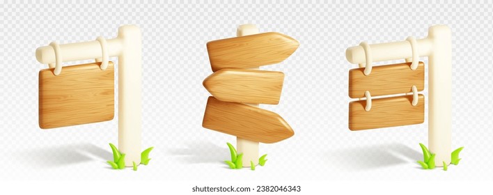 Paneles de madera en 3D sobre postes aislados en un fondo transparente. Ilustración vectorial realista de placas de nombres, indicadores de dirección, señales de flecha en el suelo con césped verde. Elemento de diseño de juegos