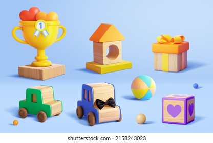 Set of 3d wooden toys isolated on blue background, including trophy, house blocks, gift box, toy cars, cube block and balls. - Shutterstock ID 2158243023