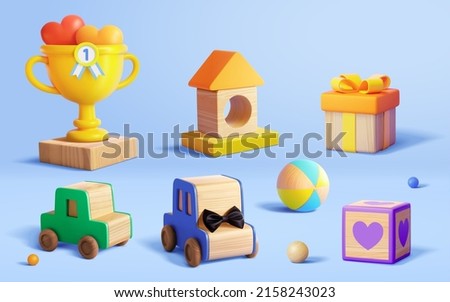 Set of 3d wooden toys isolated on blue background, including trophy, house blocks, gift box, toy cars, cube block and balls.